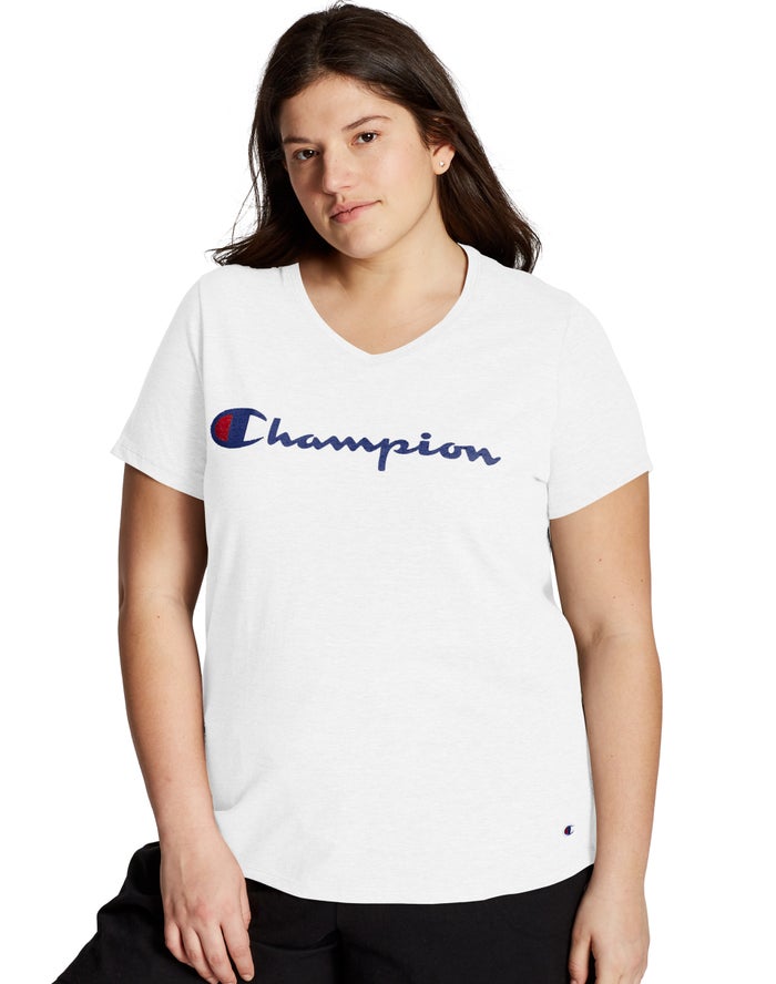 Champion Plus Jersey V-Neck Script Logo - Naisten Valkoinen T-Paita - Suomi 4536129-SK